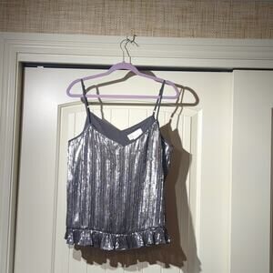 Anthropologie Silver Sequin Ruffle Hem Cami Top Women's Size 14